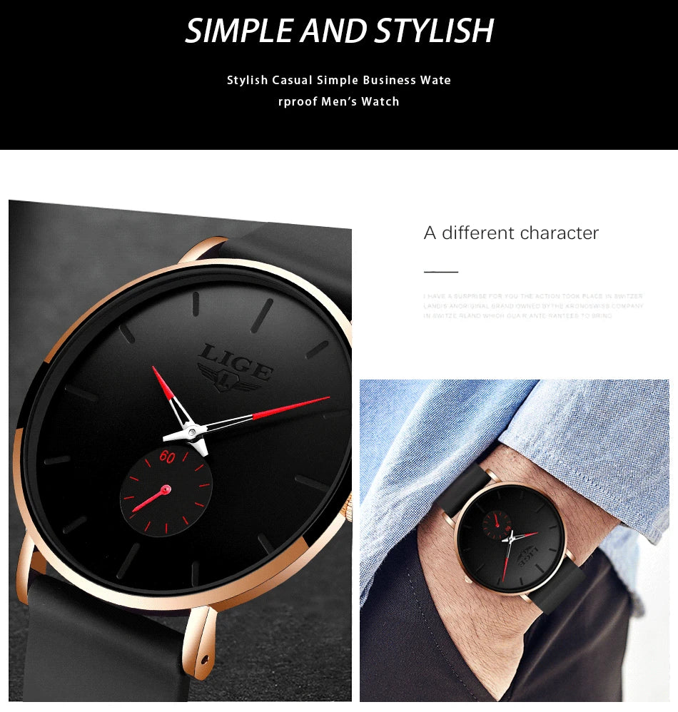 LIGE Sports Luxury Waterproof Ultra-Thin Watch for Men Women