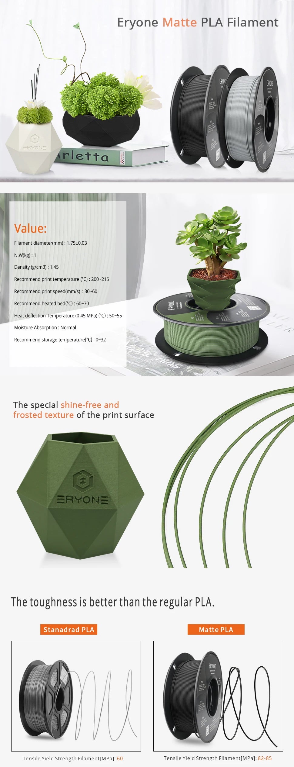 ERYONE PLA Matte Premium Filament 3D Print, Multicolour Available, 1KG/Spool