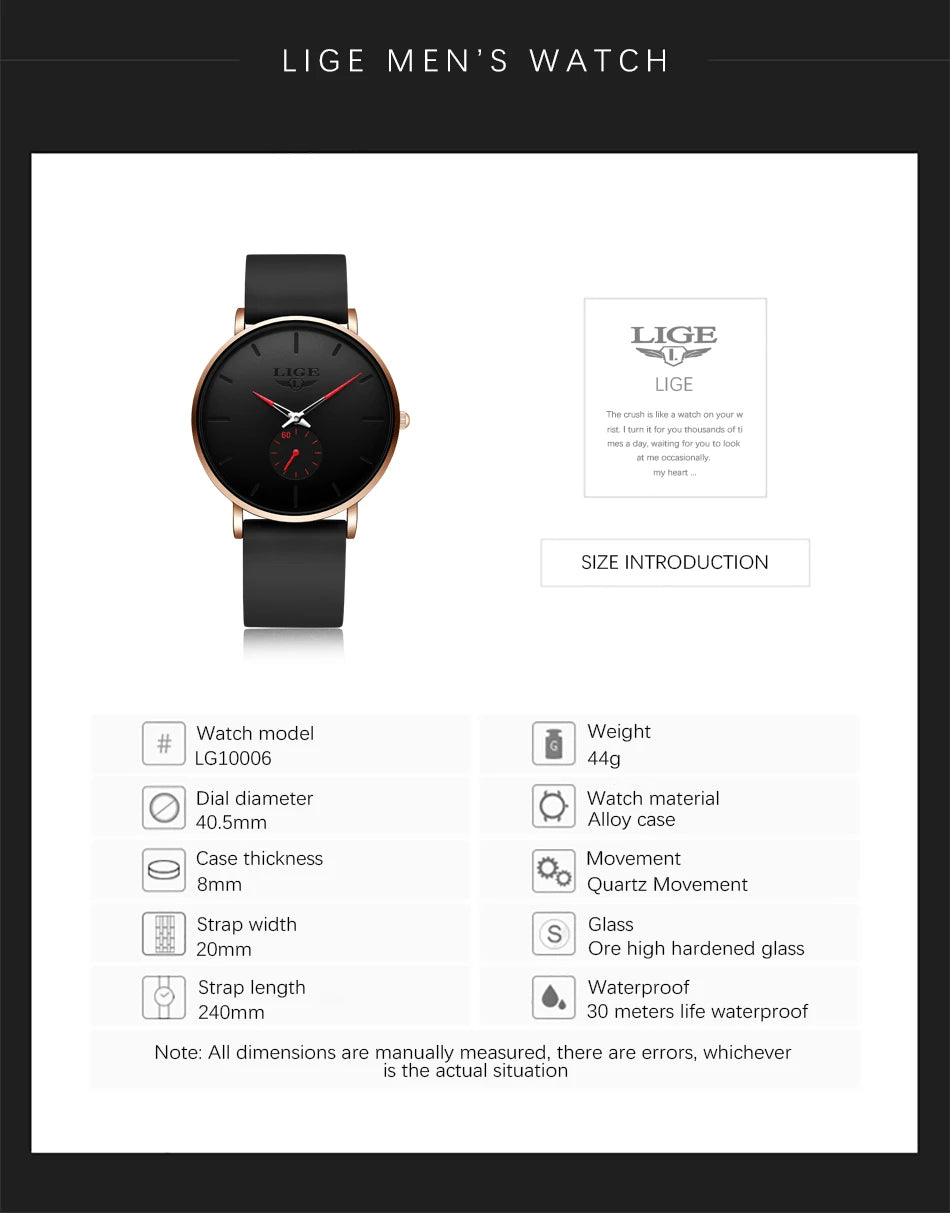 LIGE Sports Luxury Waterproof Ultra-Thin Watch for Men Women
