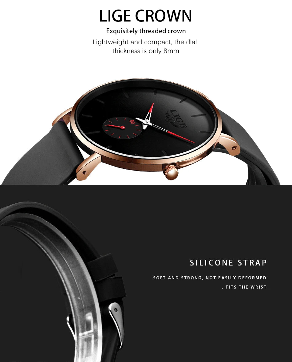 LIGE Sports Luxury Waterproof Ultra-Thin Watch for Men Women