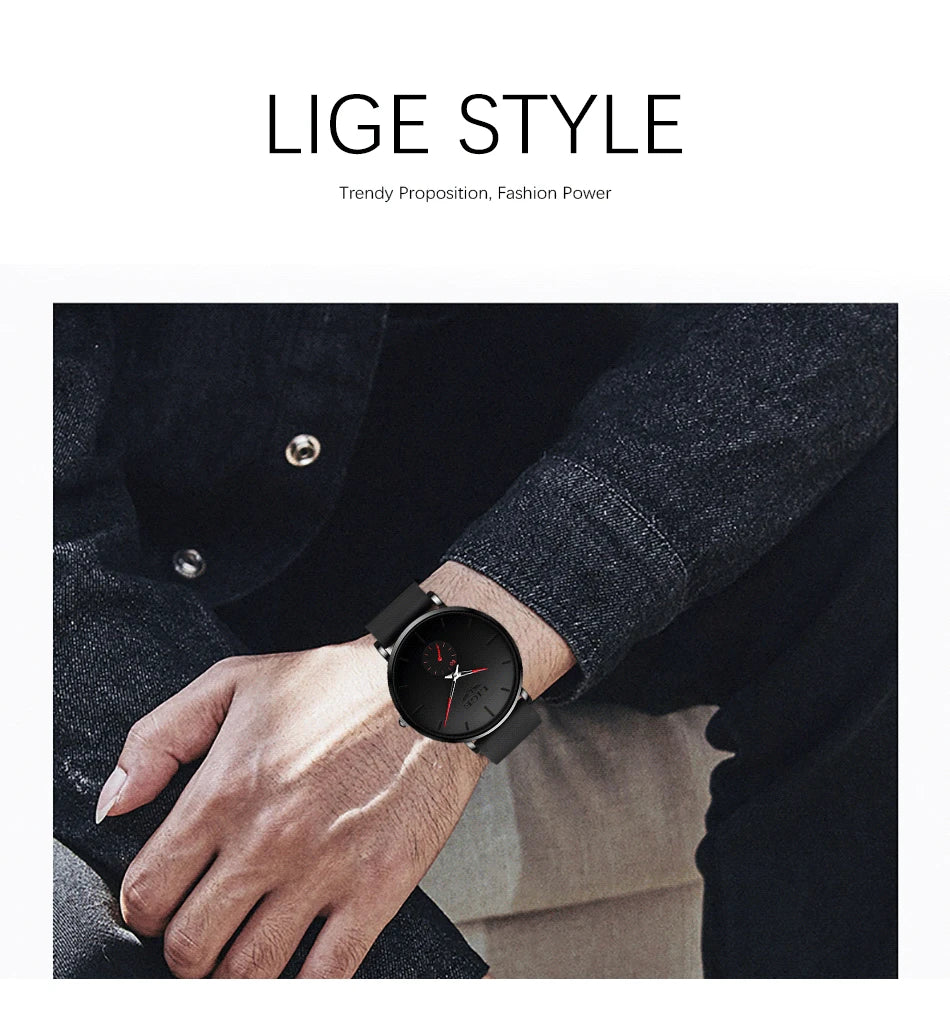 LIGE Sports Luxury Waterproof Ultra-Thin Watch for Men Women