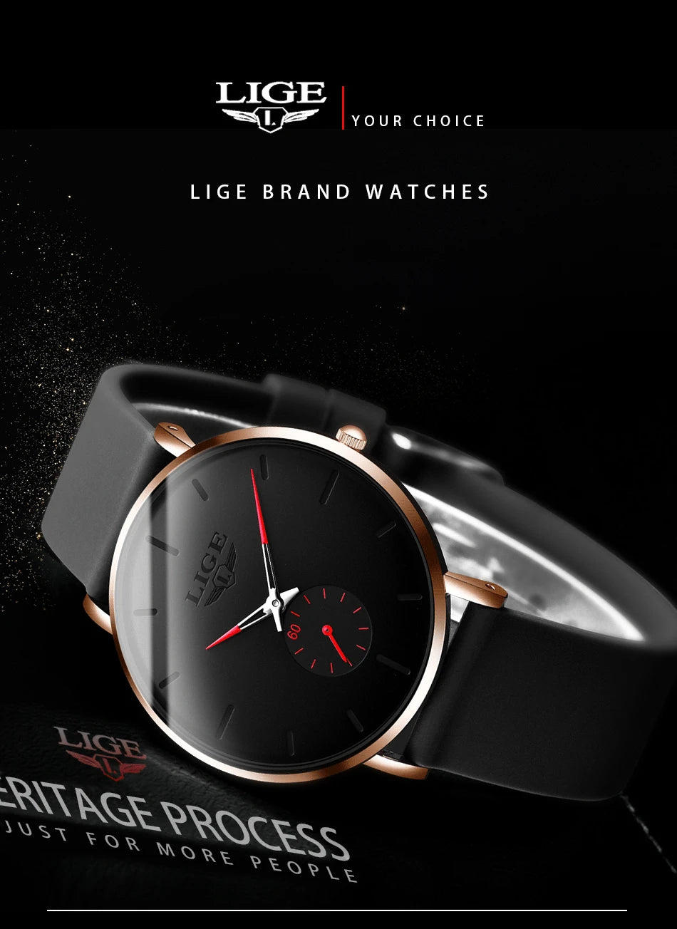 LIGE Sports Luxury Waterproof Ultra-Thin Watch for Men Women