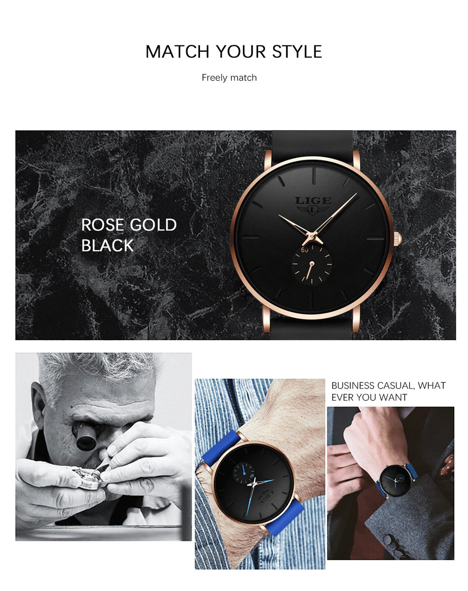 LIGE Sports Luxury Waterproof Ultra-Thin Watch for Men Women