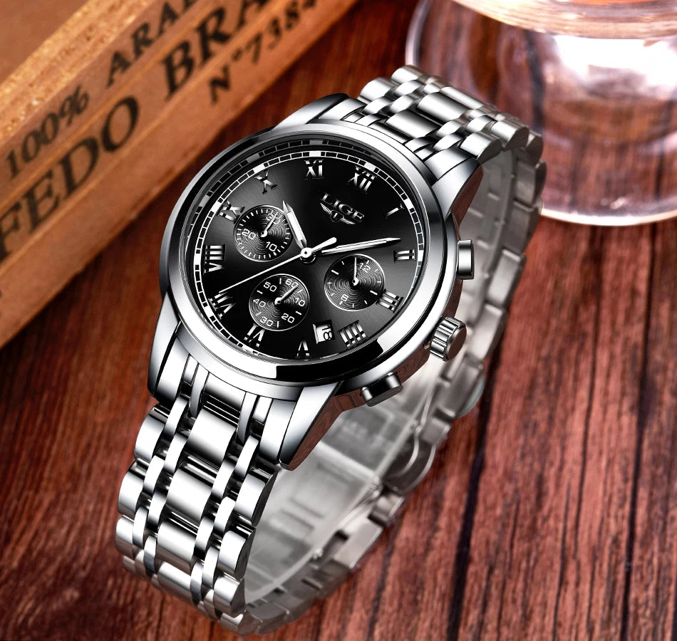 LIGE Fashion Luxury Quartz Watches for Men Business Waterproof Stainless Steel