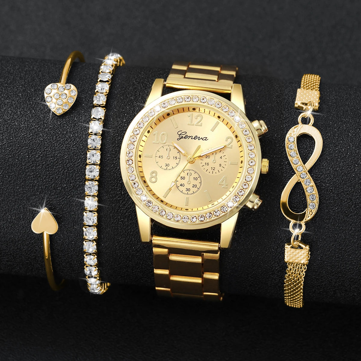Fashion Rhinestone Women Luxury Watches Steel Band Ladies Quartz 4 pcs /set