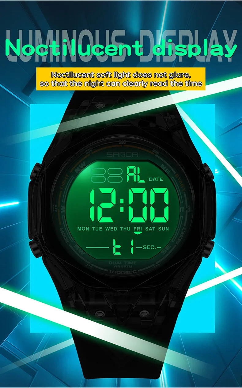 SANDA electronic watch for both men and women, multifunctional anti fall, 50M waterproof