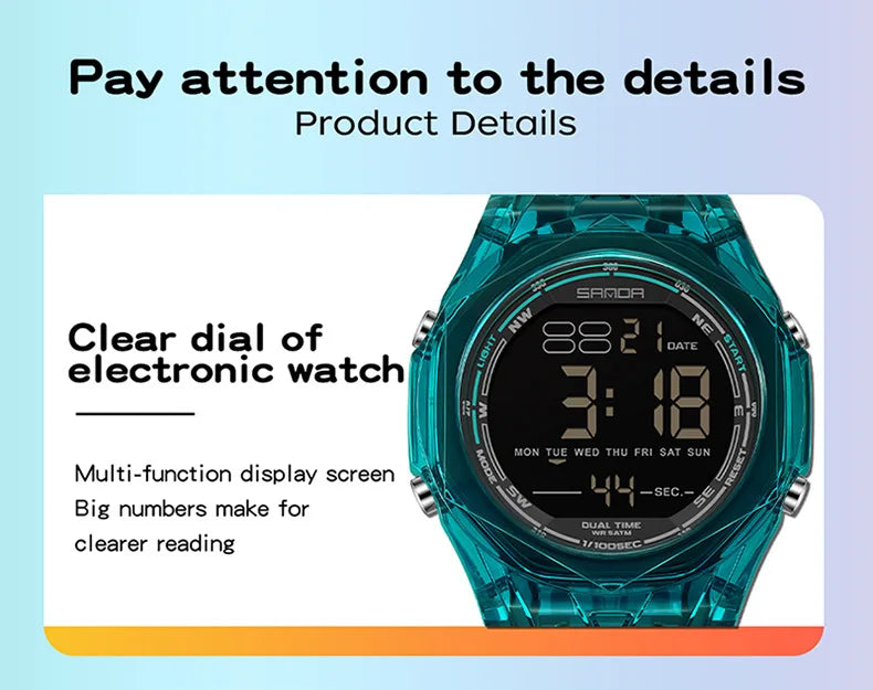 SANDA electronic watch for both men and women, multifunctional anti fall, 50M waterproof