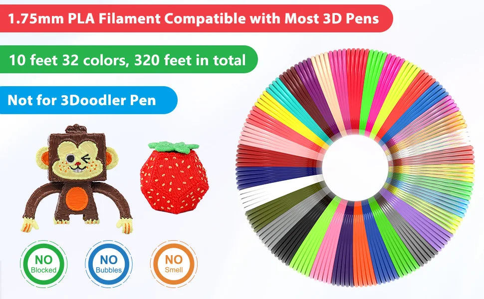32 Colors 3D Pen Filament 1.75mm PLA, Each Colour 10Feet(3m), Total 320 Feet (96m) 3D Pen Filament Refills, Random Colour