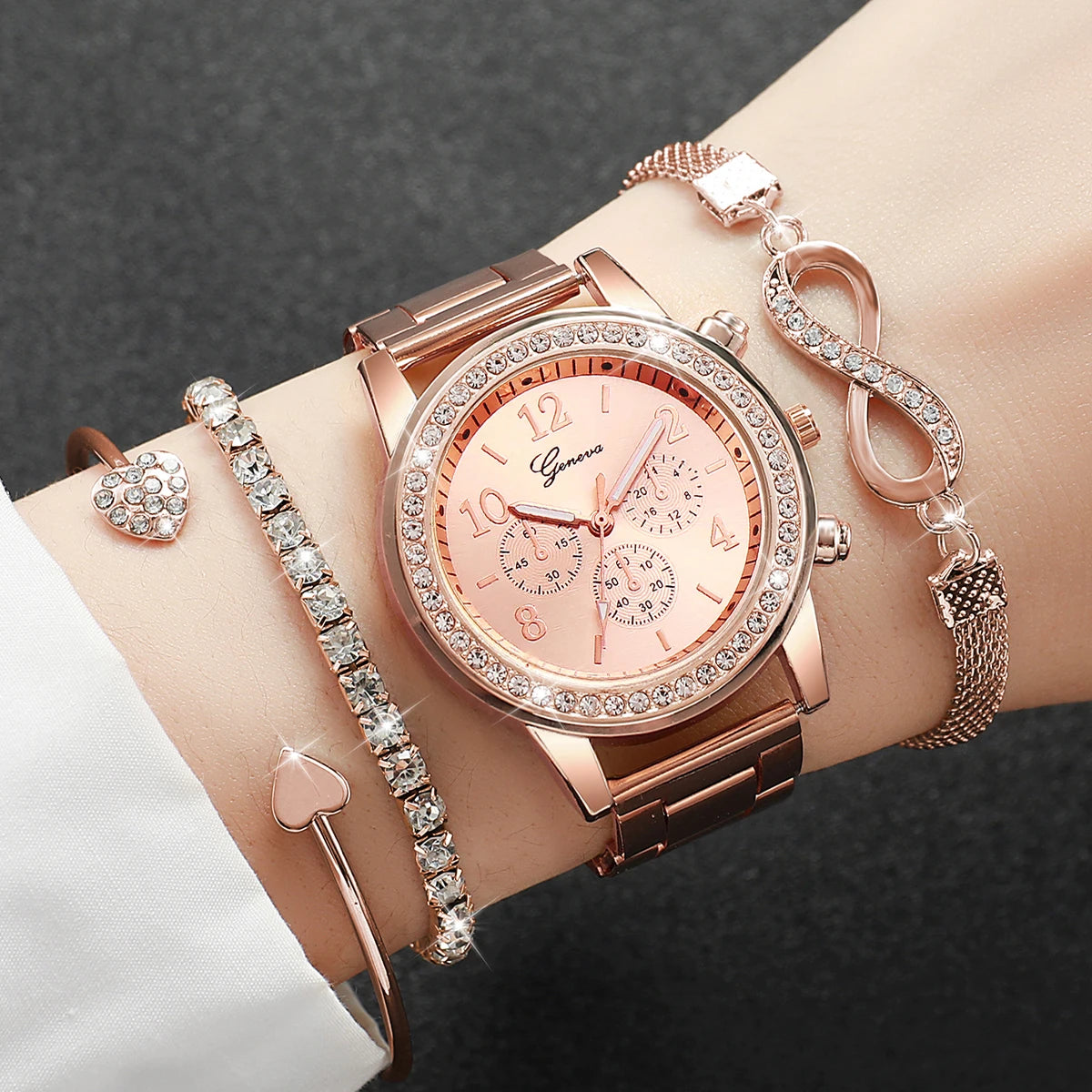 Fashion Rhinestone Women Luxury Watches Steel Band Ladies Quartz 4 pcs /set