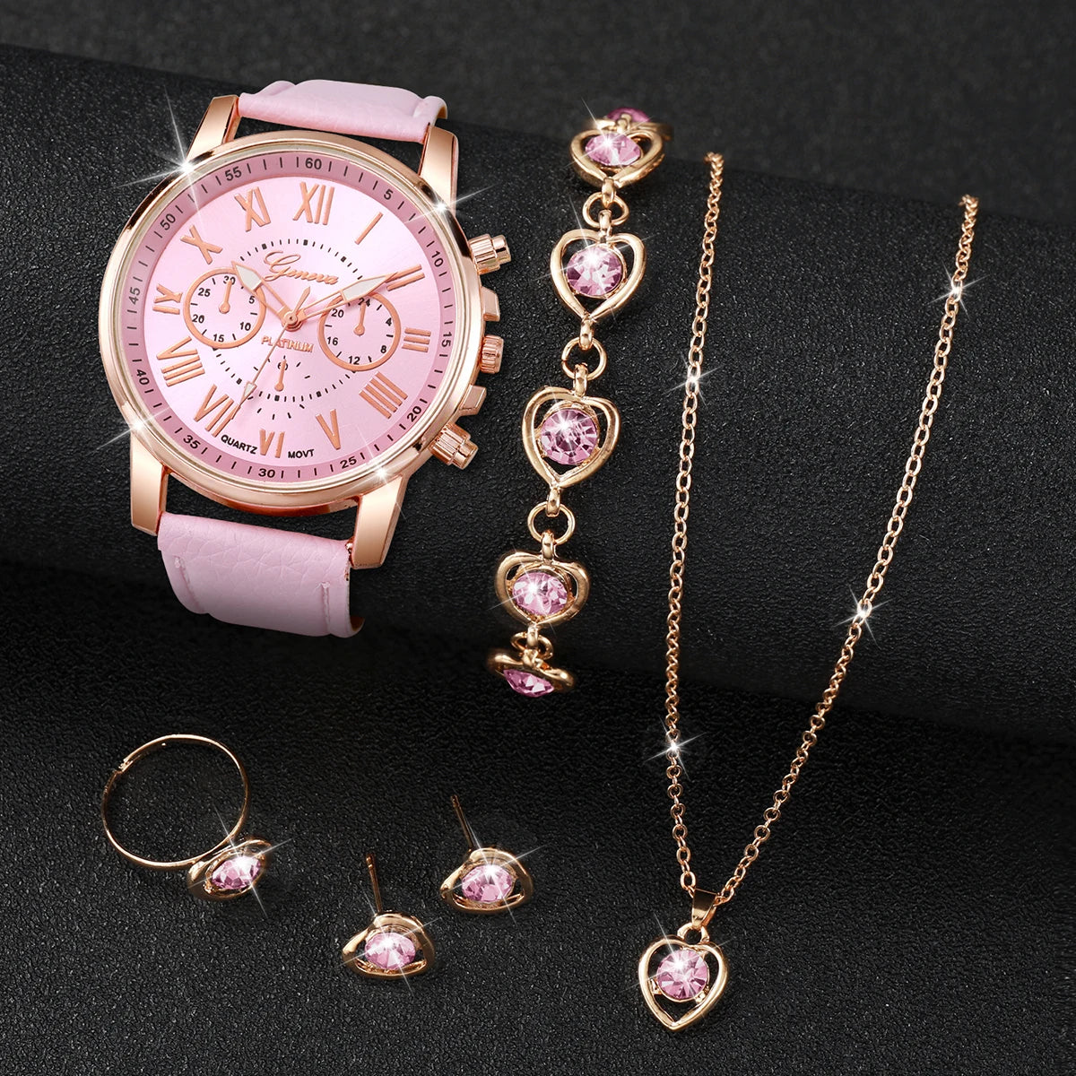 5PCS/Set Fashion Women Watch Rhinestone Heart Jewellery