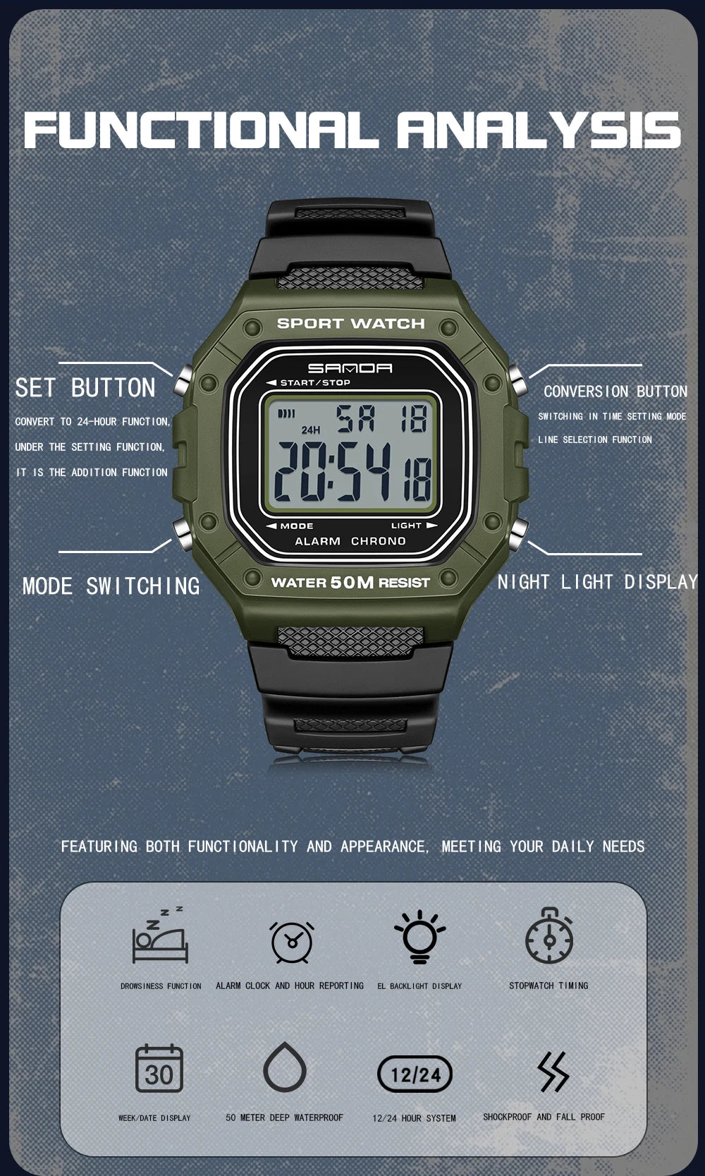 SANDA Men Military Water Resistant Sport Watches