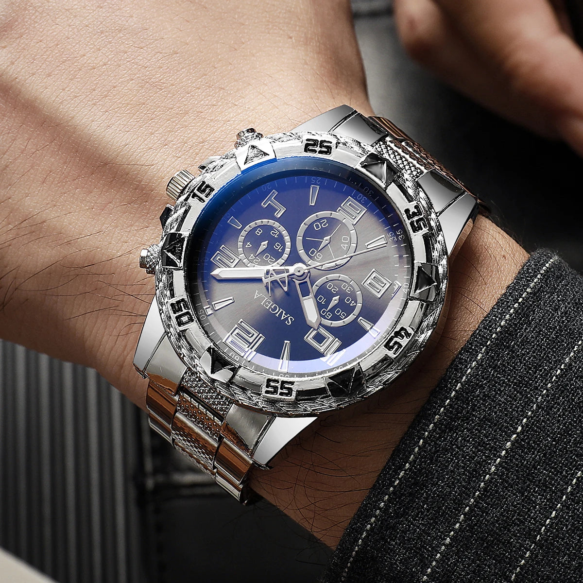 2pcs/set Men Business Watches Fashion Arabic Dial Steel Band