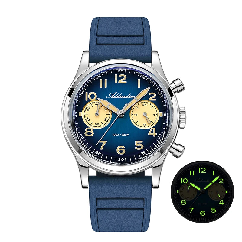 ADDIESDIVE Chronograph 38 mm Luminous Bubble Mirror 10Bar Waterproof Steel Watch for Men