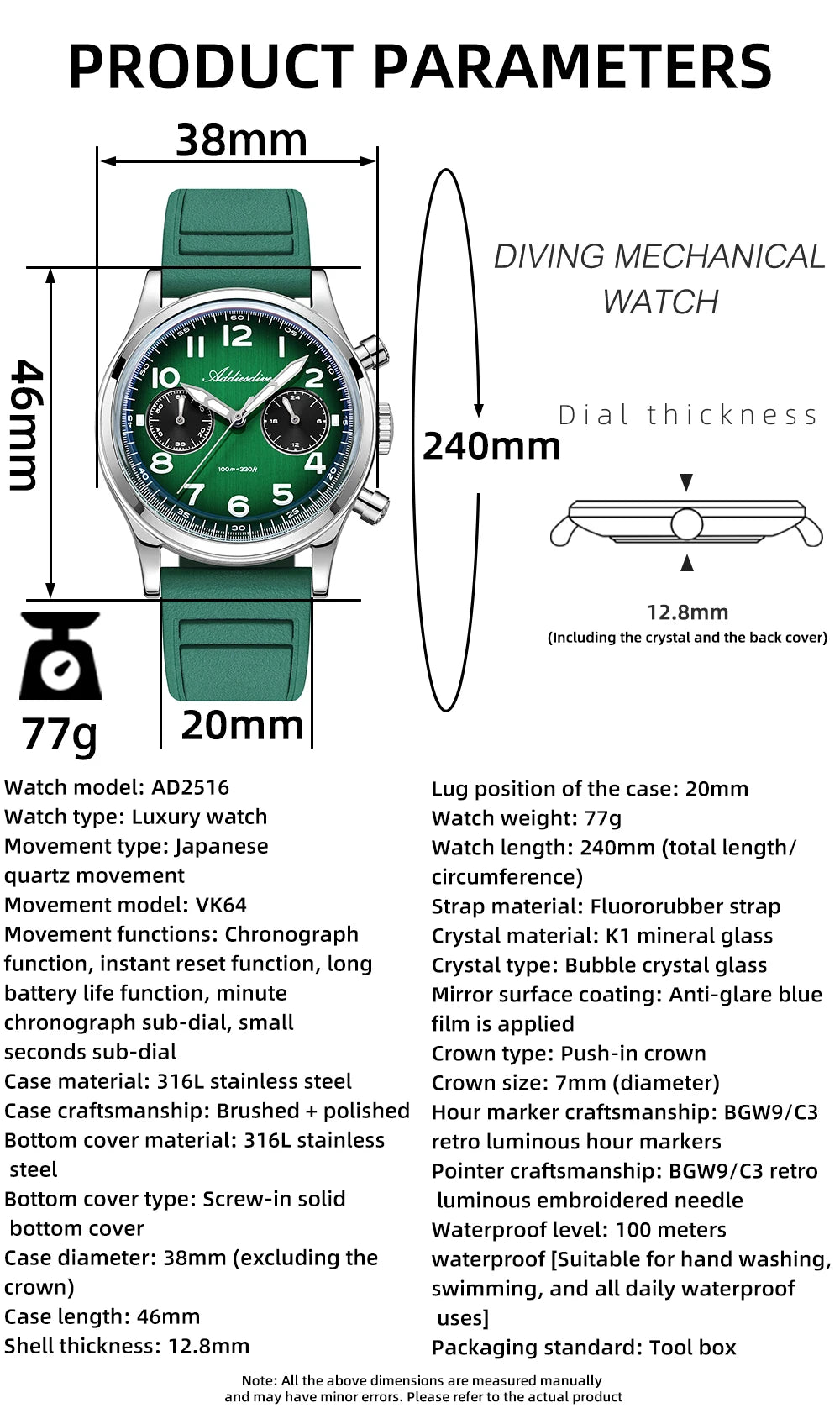 ADDIESDIVE Chronograph 38 mm Luminous Bubble Mirror 10Bar Waterproof Steel Watch for Men