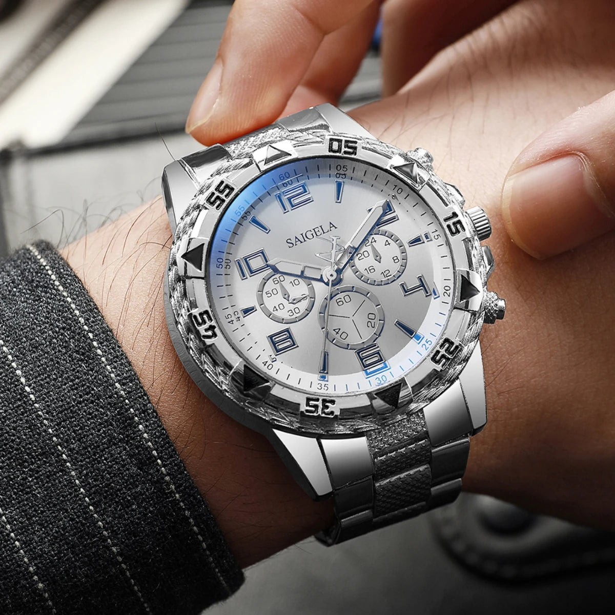 2pcs/set Men Business Watches Fashion Arabic Dial Steel Band