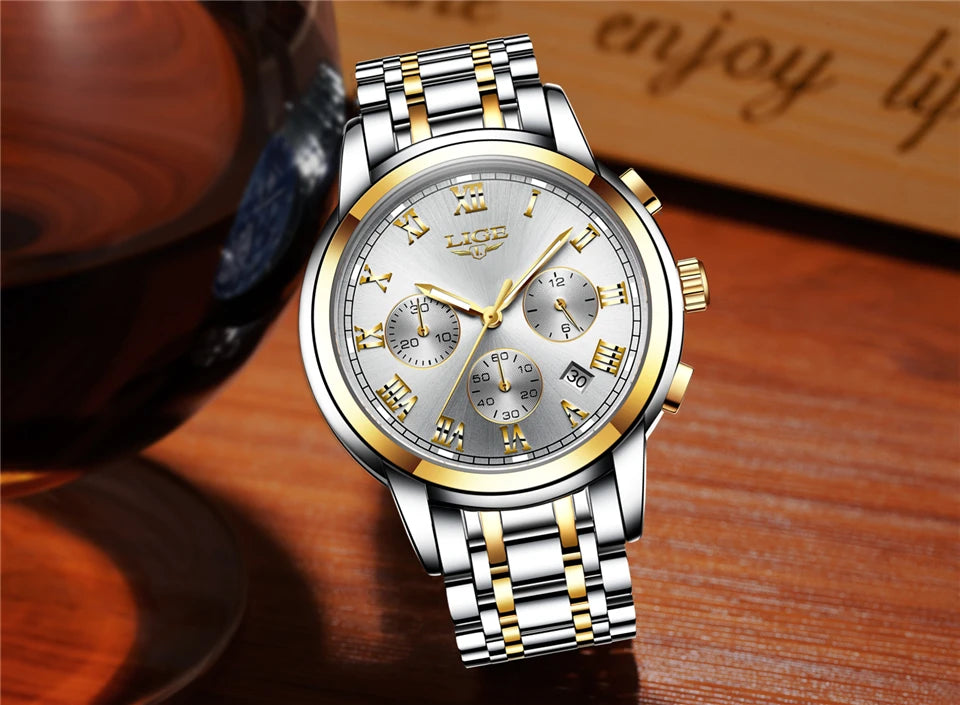 LIGE Fashion Luxury Quartz Watches for Men Business Waterproof Stainless Steel