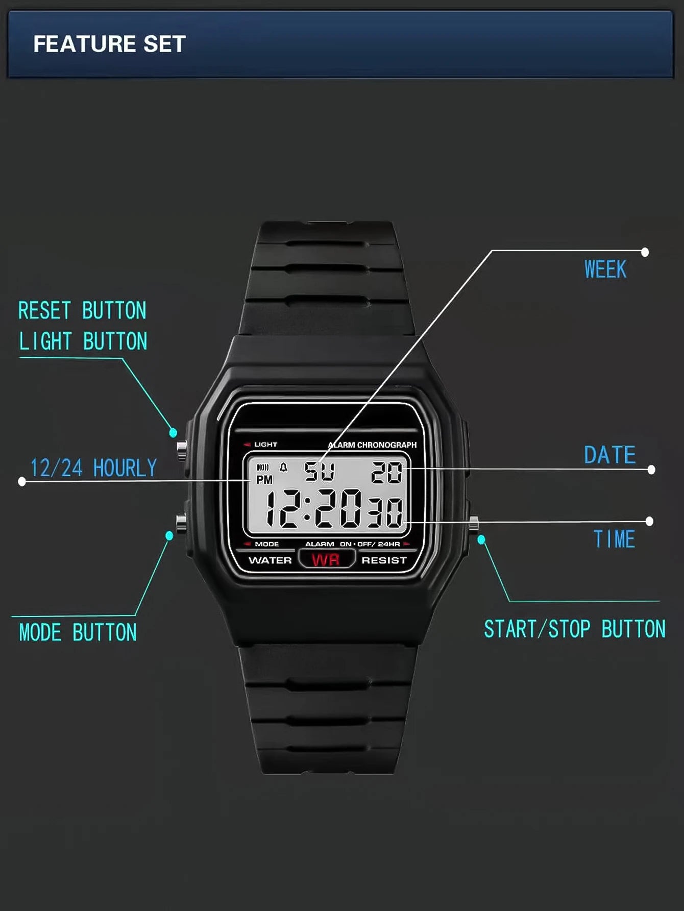 Women Men Digital Electronic LED Watch Multifunctional Outdoor