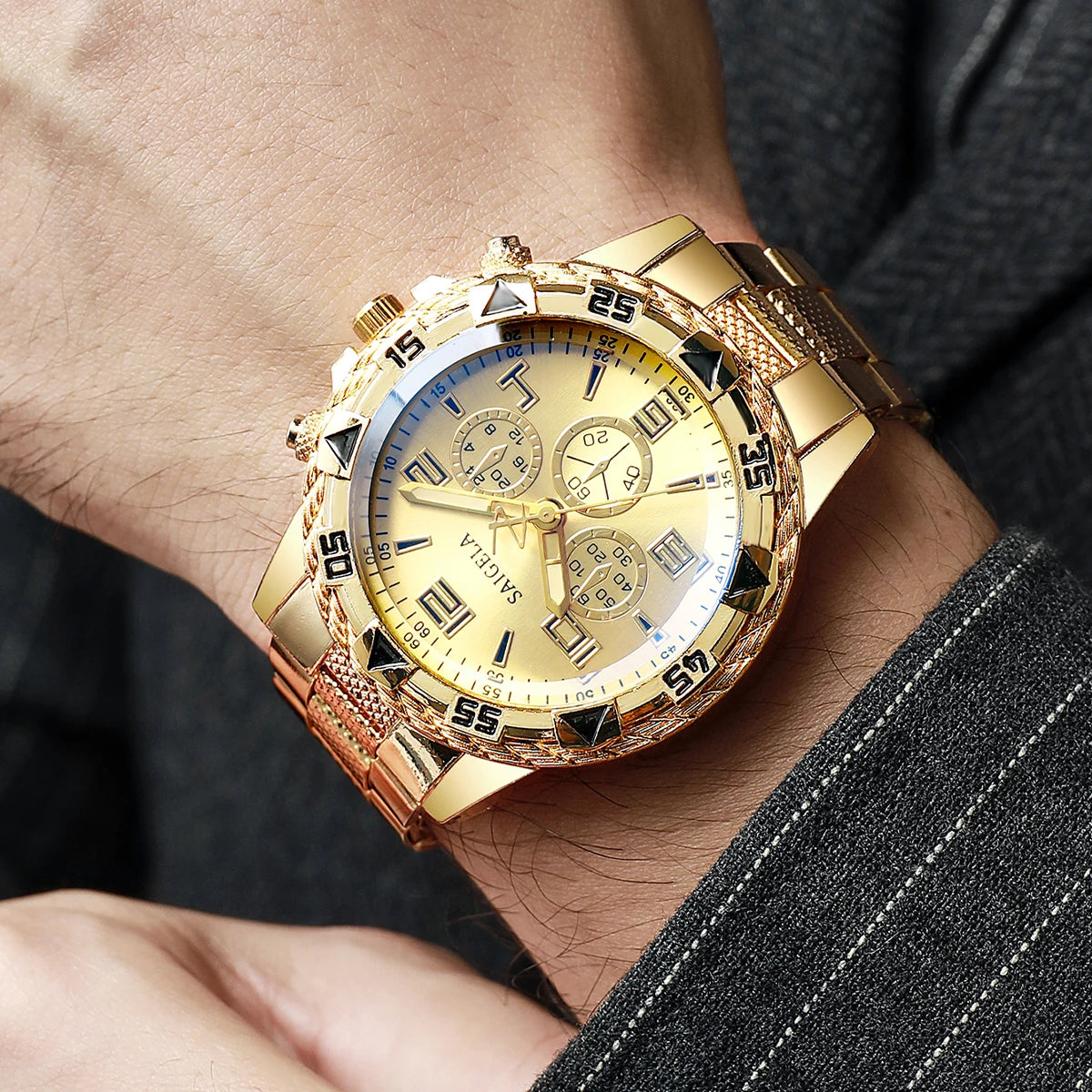 2pcs/set Men Business Watches Fashion Arabic Dial Steel Band