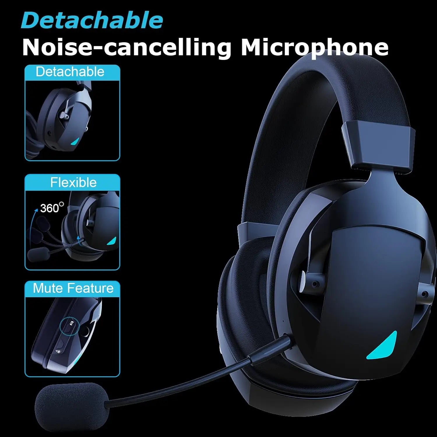 ACINACI Wireless Gaming Headset with Detachable Noise Cancelling Microphone,2.4G Bluetooth-USB-3.5mm Wired Jack 3 Modes for Multi-device