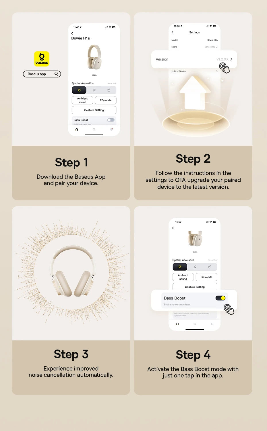 Baseus Wireless Headphones Bluetooth 5.4 Noise Cancelling Hi-Res Spatial Audio 120Hours Time