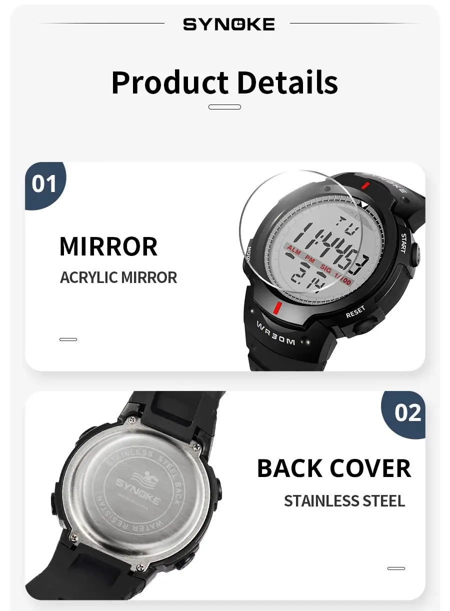SYNOKE Electronic Digital Watch Sports For Men Waterproof Luminous Multi Function