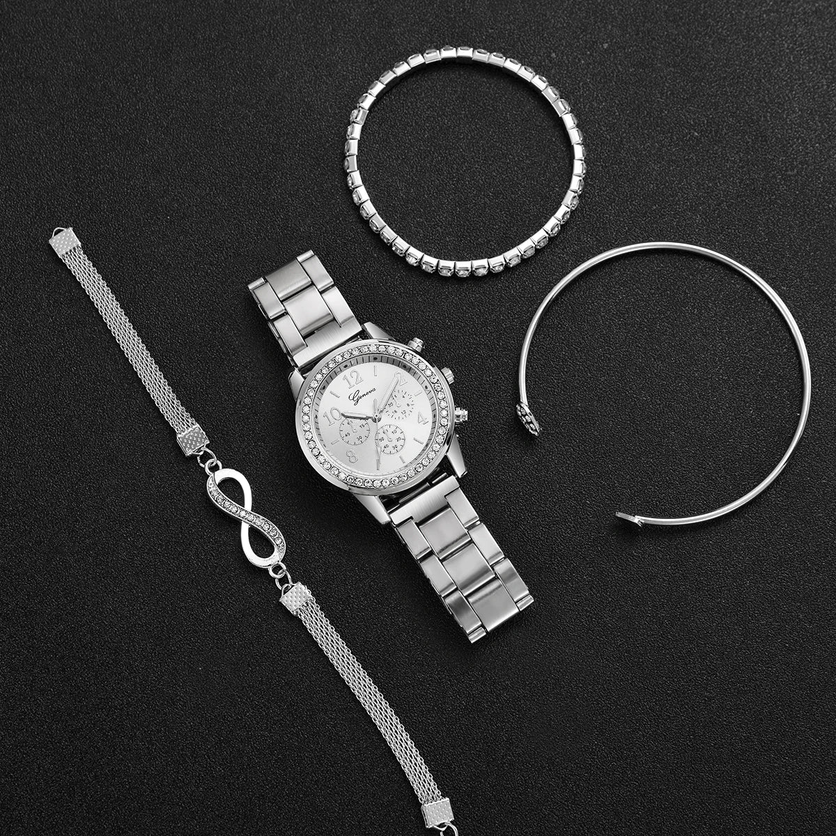 Fashion Rhinestone Women Luxury Watches Steel Band Ladies Quartz 4 pcs /set