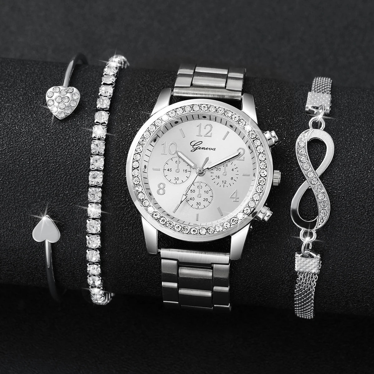Fashion Rhinestone Women Luxury Watches Steel Band Ladies Quartz 4 pcs /set