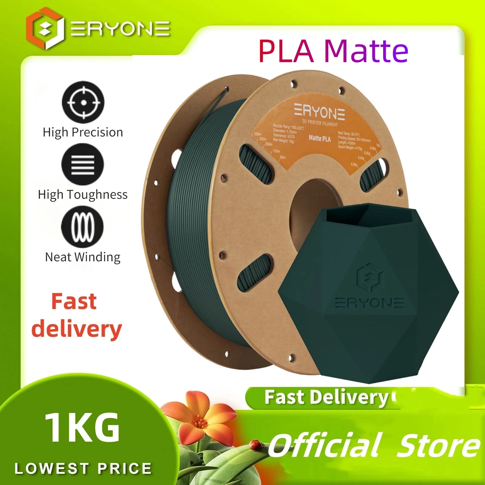 ERYONE PLA Matte Premium Filament 3D Print, Multicolour Available, 1KG/Spool