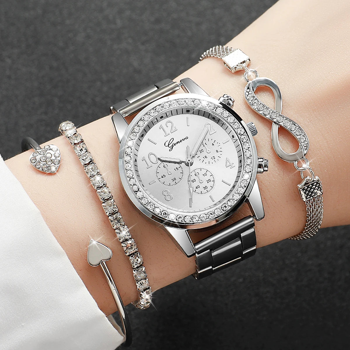 Fashion Rhinestone Women Luxury Watches Steel Band Ladies Quartz 4 pcs /set