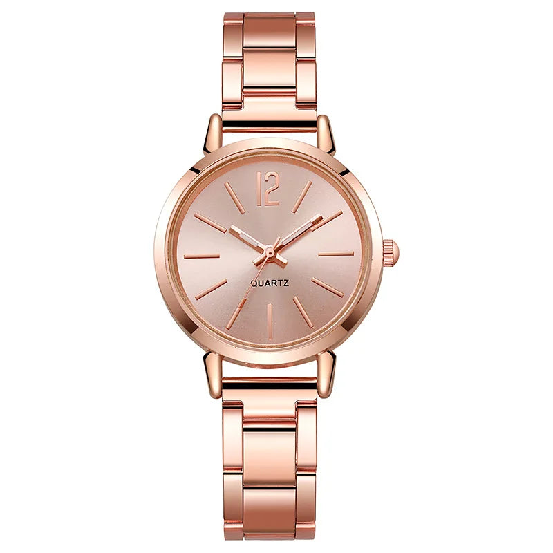 Women Luxury Watch set of 2 pcs Simple Dial Hollow Strap Fashion Gold Bracelet