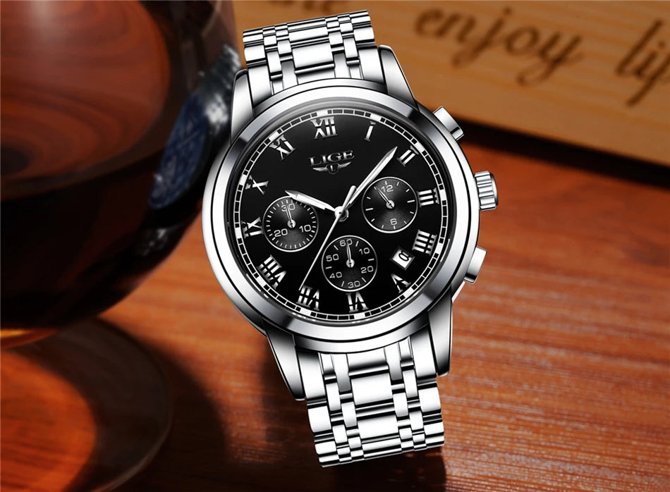 LIGE Fashion Luxury Quartz Watches for Men Business Waterproof Stainless Steel