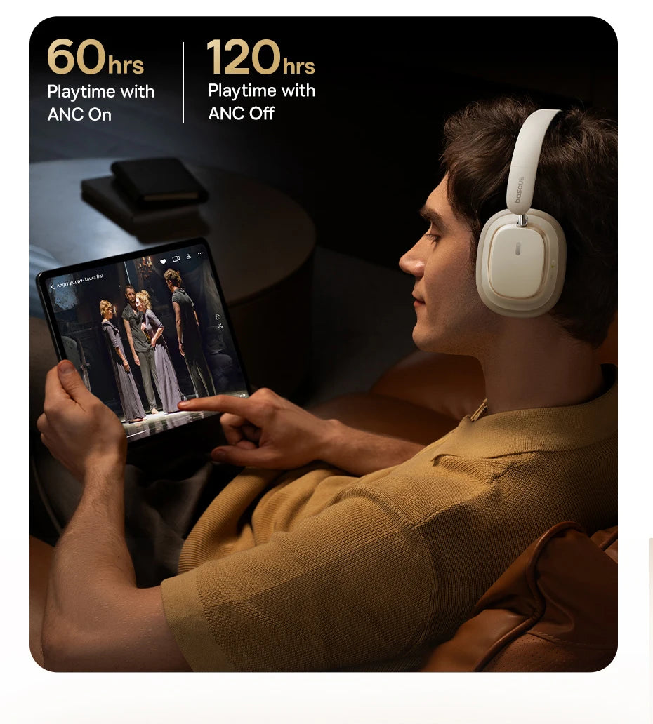 Baseus Wireless Headphones Bluetooth 5.4 Noise Cancelling Hi-Res Spatial Audio 120Hours Time