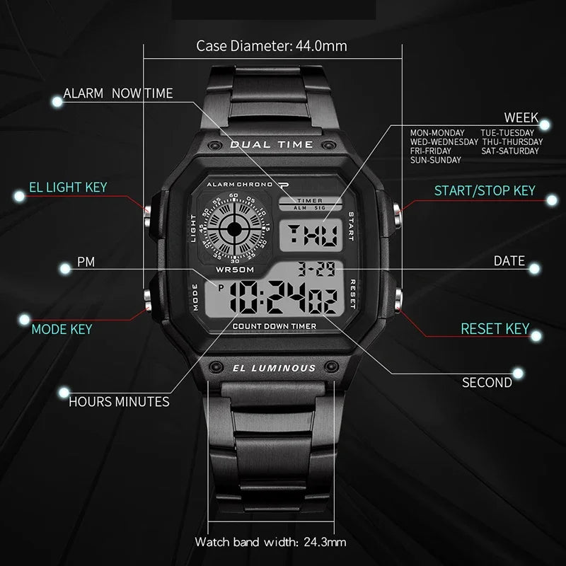 MAYZHISU Men Classic Digital Luxury Stainless Steel Sport Military Watch