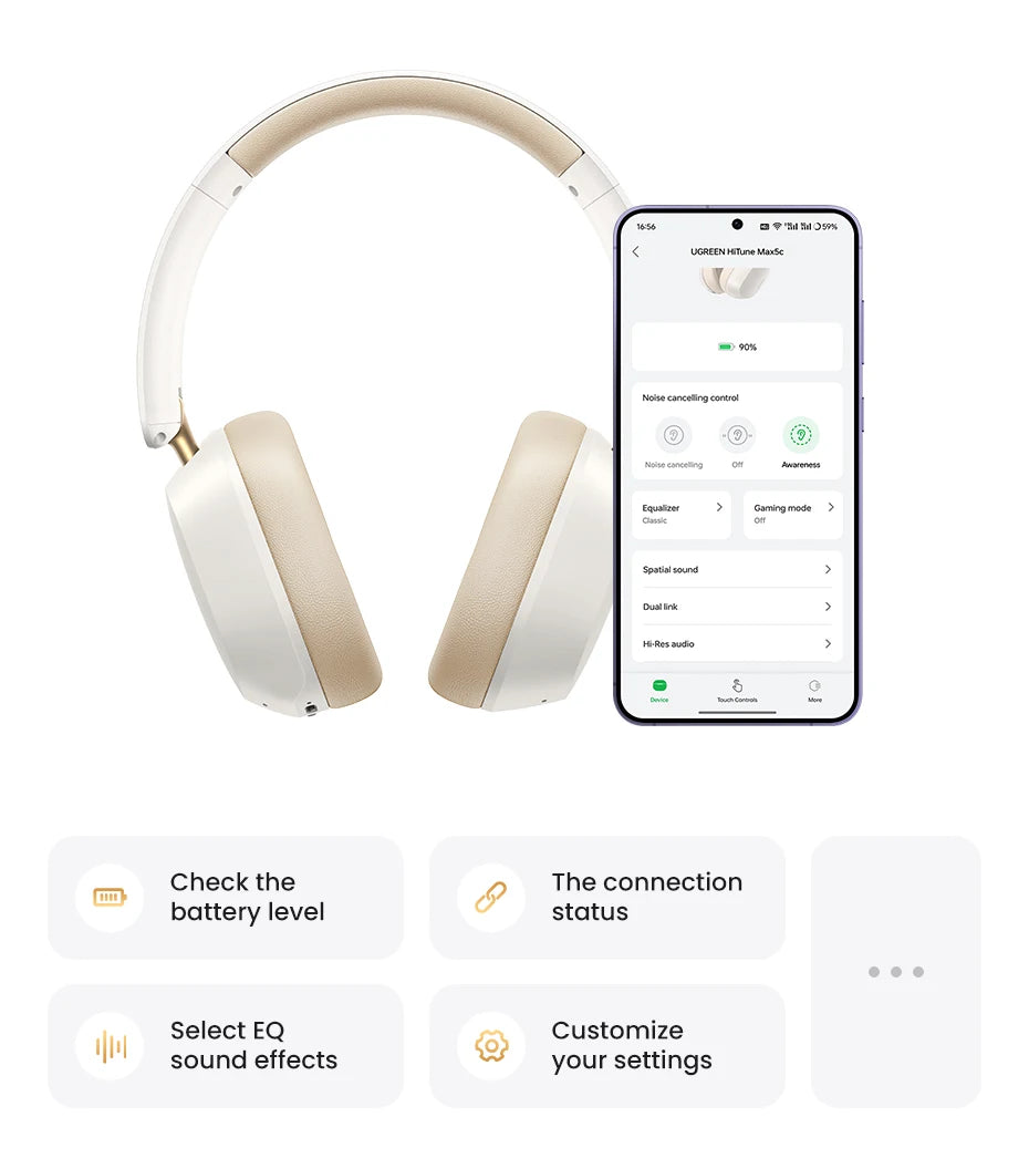 UGREEN  Wireless Bluetooth Headphones Noise Cancellation Hi-Res Spatial Audio Earphones Headset