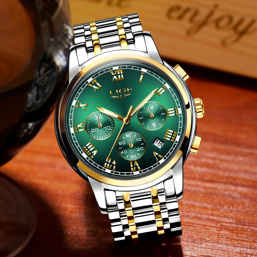 LIGE Fashion Luxury Quartz Watches for Men Business Waterproof Stainless Steel