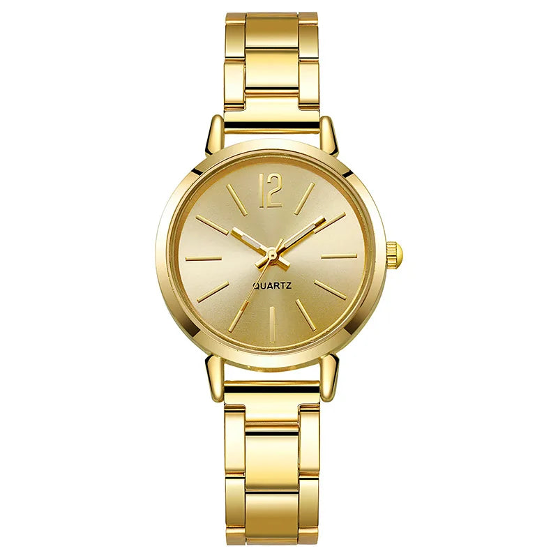 Women Luxury Watch set of 2 pcs Simple Dial Hollow Strap Fashion Gold Bracelet