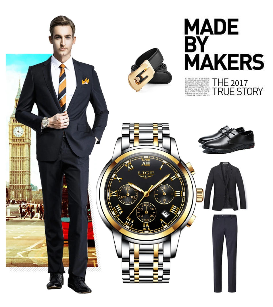 LIGE Fashion Luxury Quartz Watches for Men Business Waterproof Stainless Steel