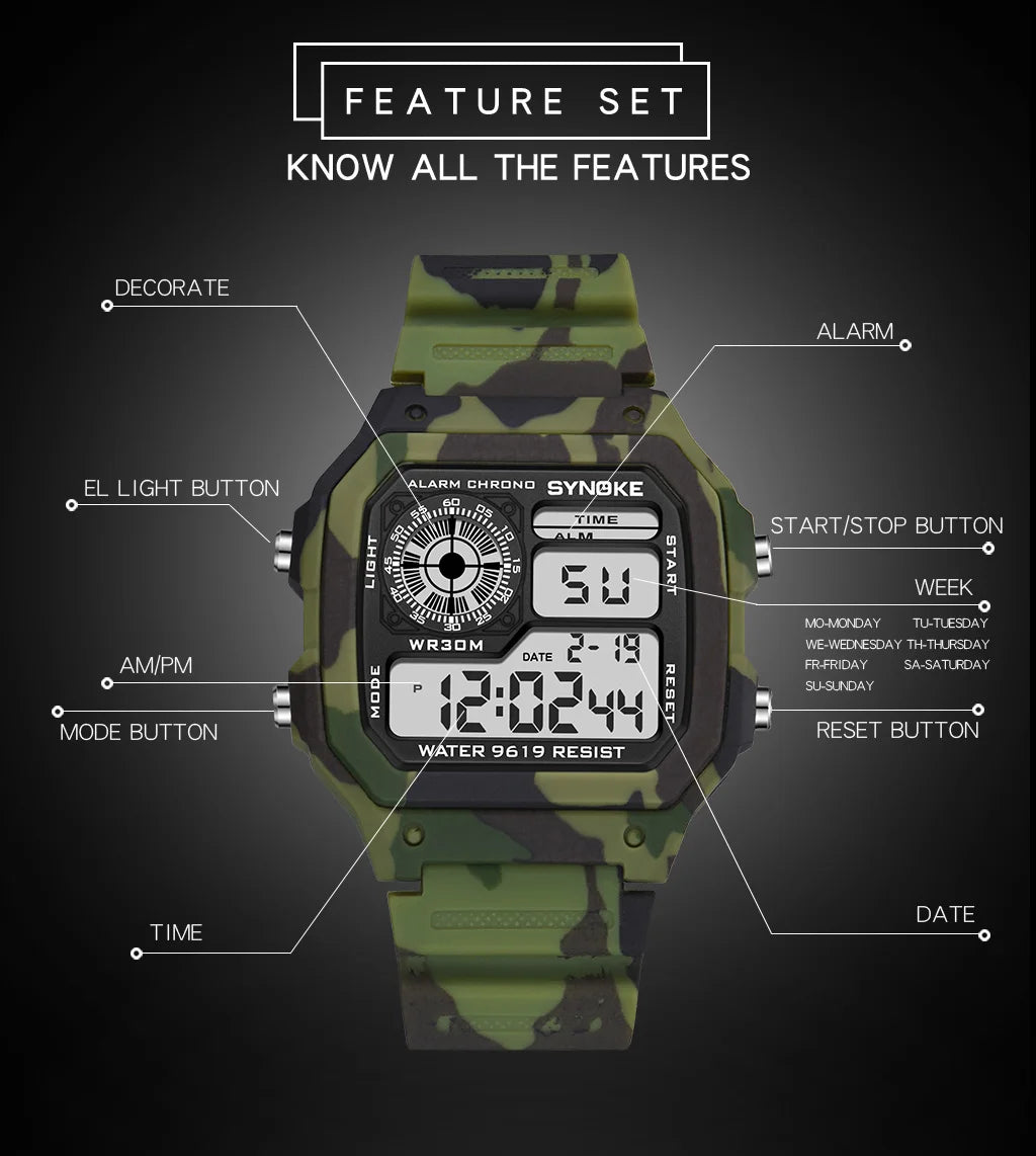 SYNOKE Outdoor Military Digital Watch For Men Sports Waterproof Luminous