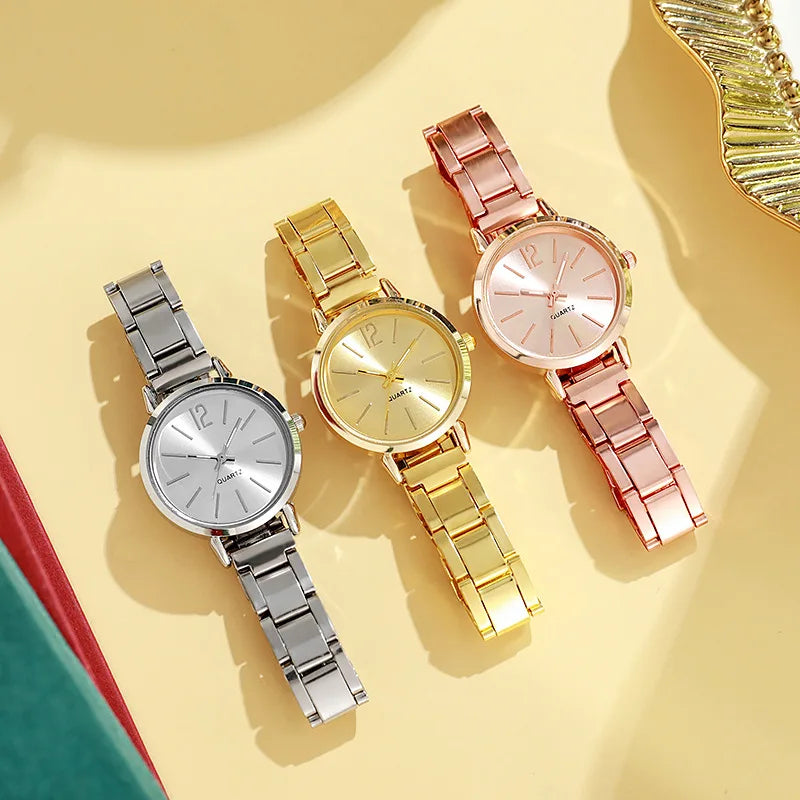 Women Luxury Watch set of 2 pcs Simple Dial Hollow Strap Fashion Gold Bracelet