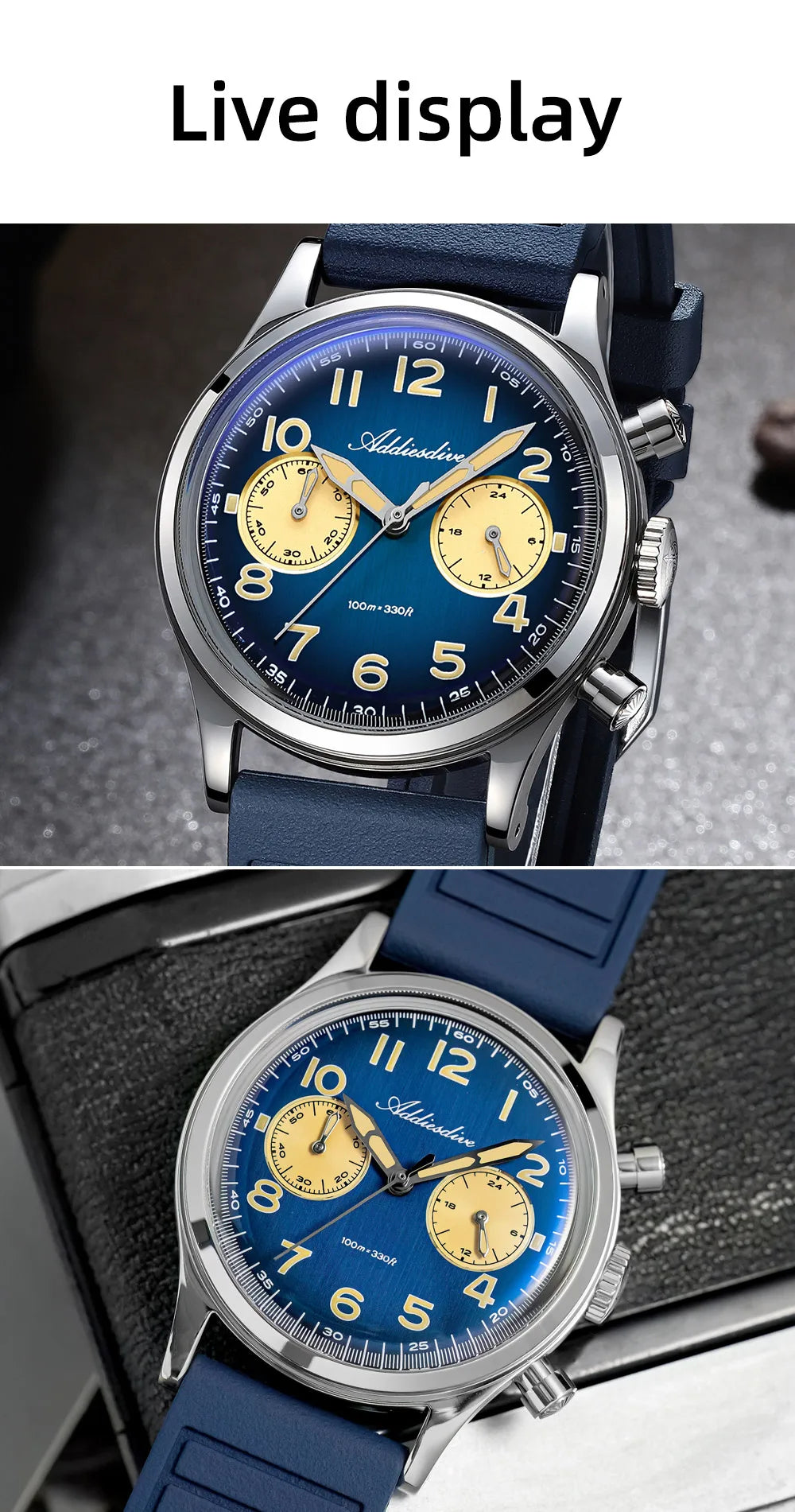 ADDIESDIVE Chronograph 38 mm Luminous Bubble Mirror 10Bar Waterproof Steel Watch for Men