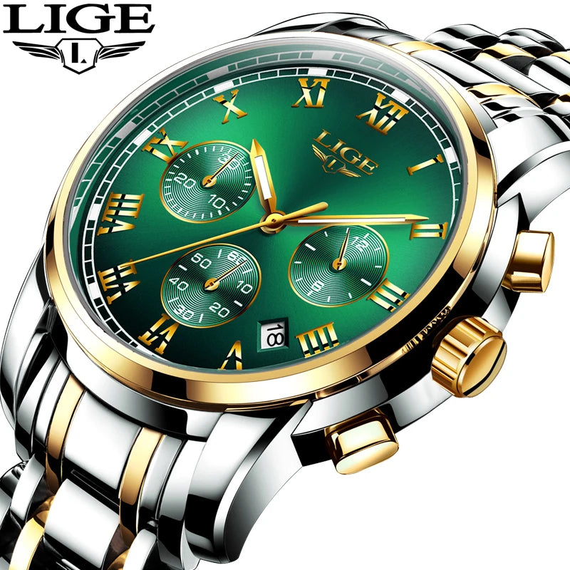 LIGE Fashion Luxury Quartz Watches for Men Business Waterproof Stainless Steel