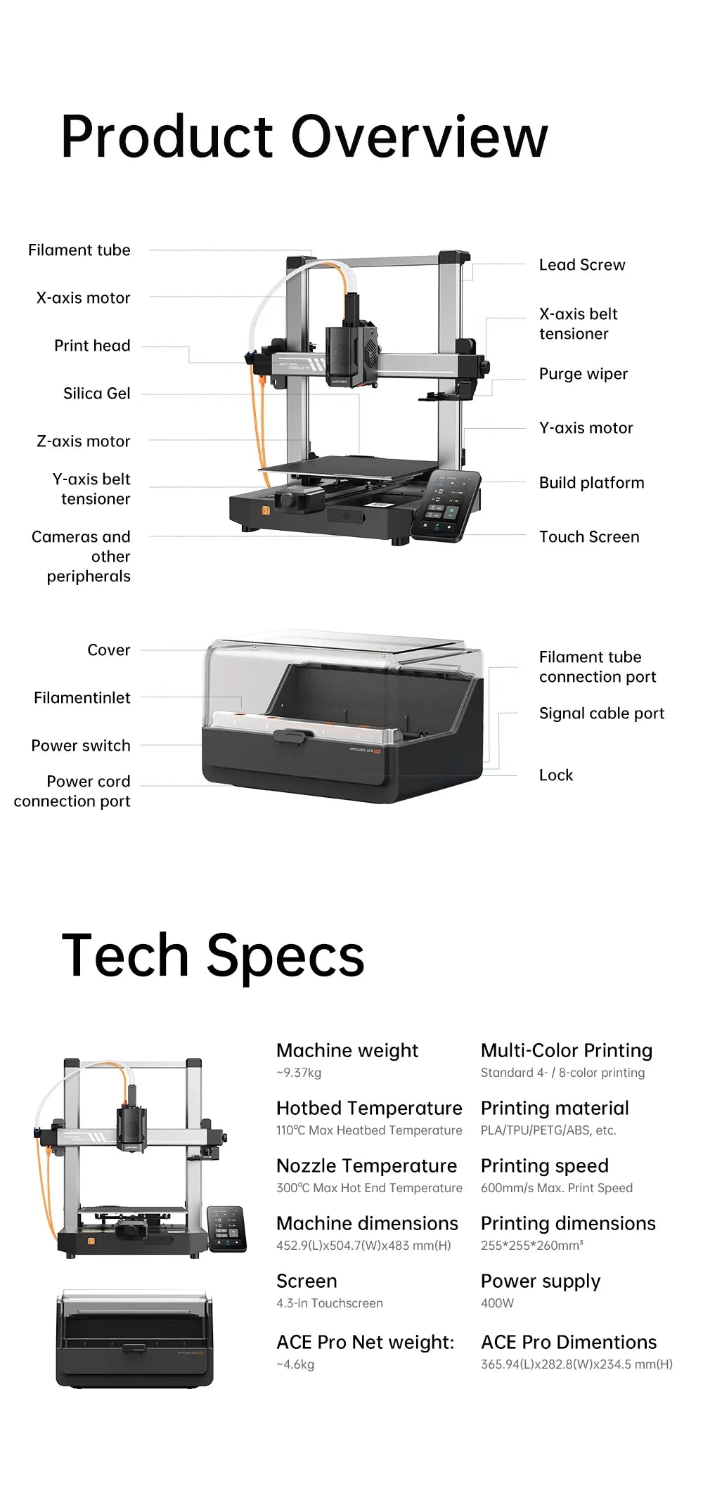 New!ANYCUBIC Kobra 3 V2 Combo 600mm/s Fast Printing 3D Printer 8 Colors ACE Pro Filament Auto Leveling FDM Desktop 3D Printer