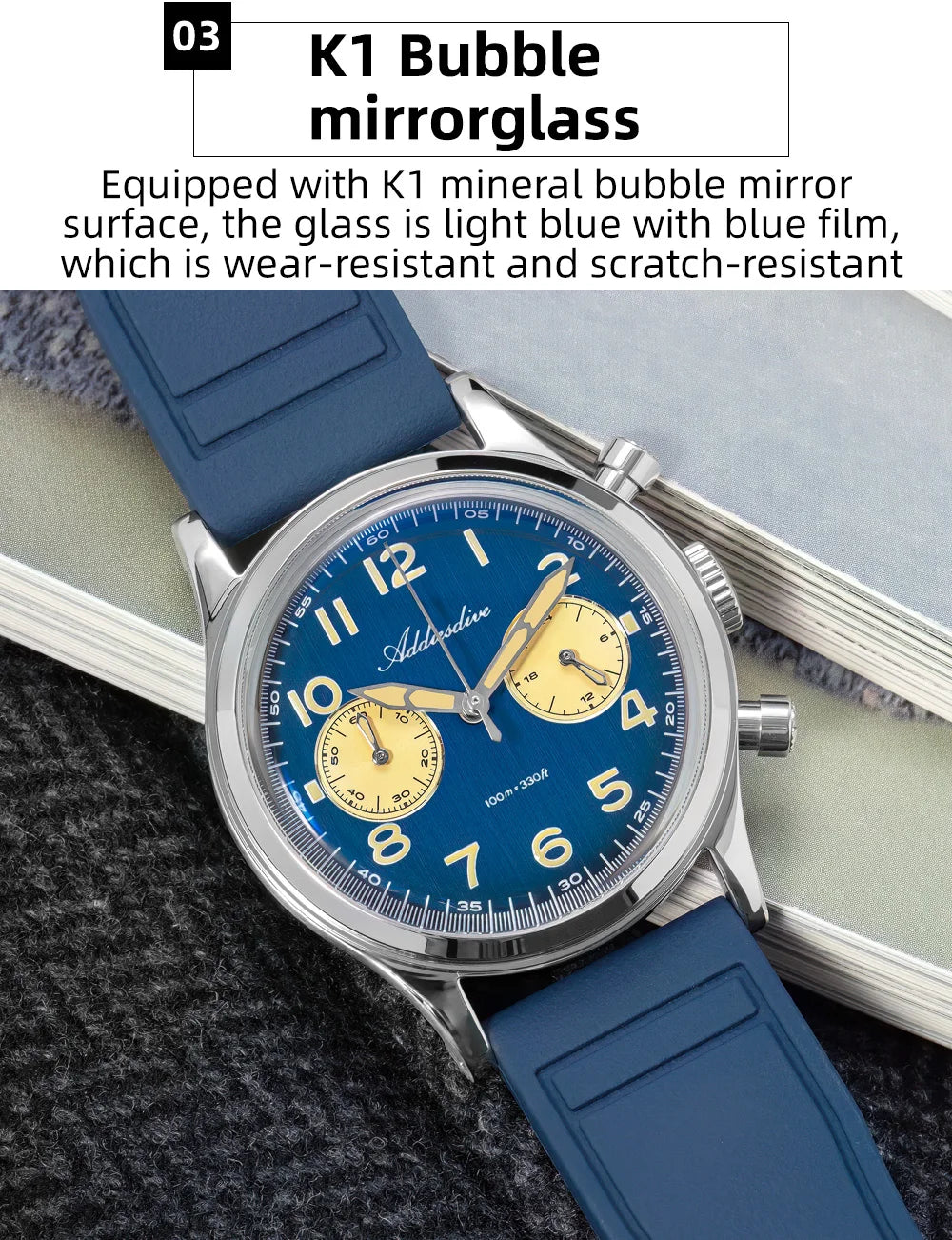 ADDIESDIVE Chronograph 38 mm Luminous Bubble Mirror 10Bar Waterproof Steel Watch for Men