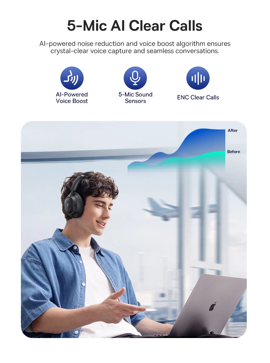 Baseus Wireless Headphones Bluetooth 5.4 Noise Cancelling Hi-Res Spatial Audio 120Hours Time