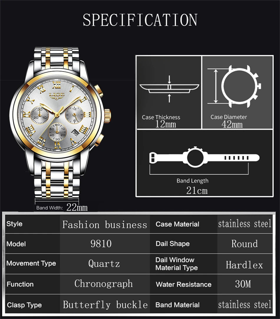 LIGE Fashion Luxury Quartz Watches for Men Business Waterproof Stainless Steel