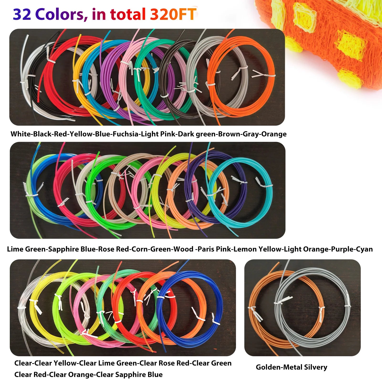 32 Colors 3D Pen Filament 1.75mm PLA, Each Colour 10Feet(3m), Total 320 Feet (96m) 3D Pen Filament Refills, Random Colour
