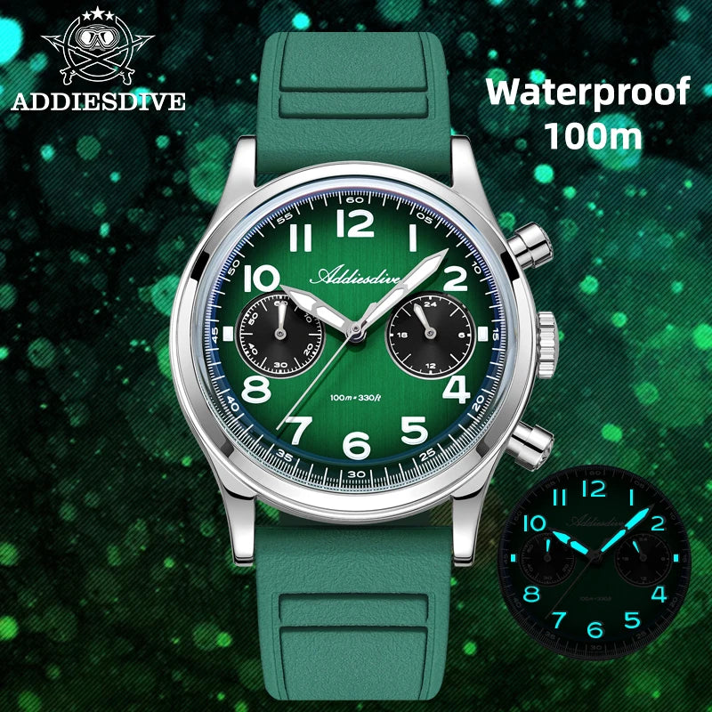 ADDIESDIVE Chronograph 38 mm Luminous Bubble Mirror 10Bar Waterproof Steel Watch for Men