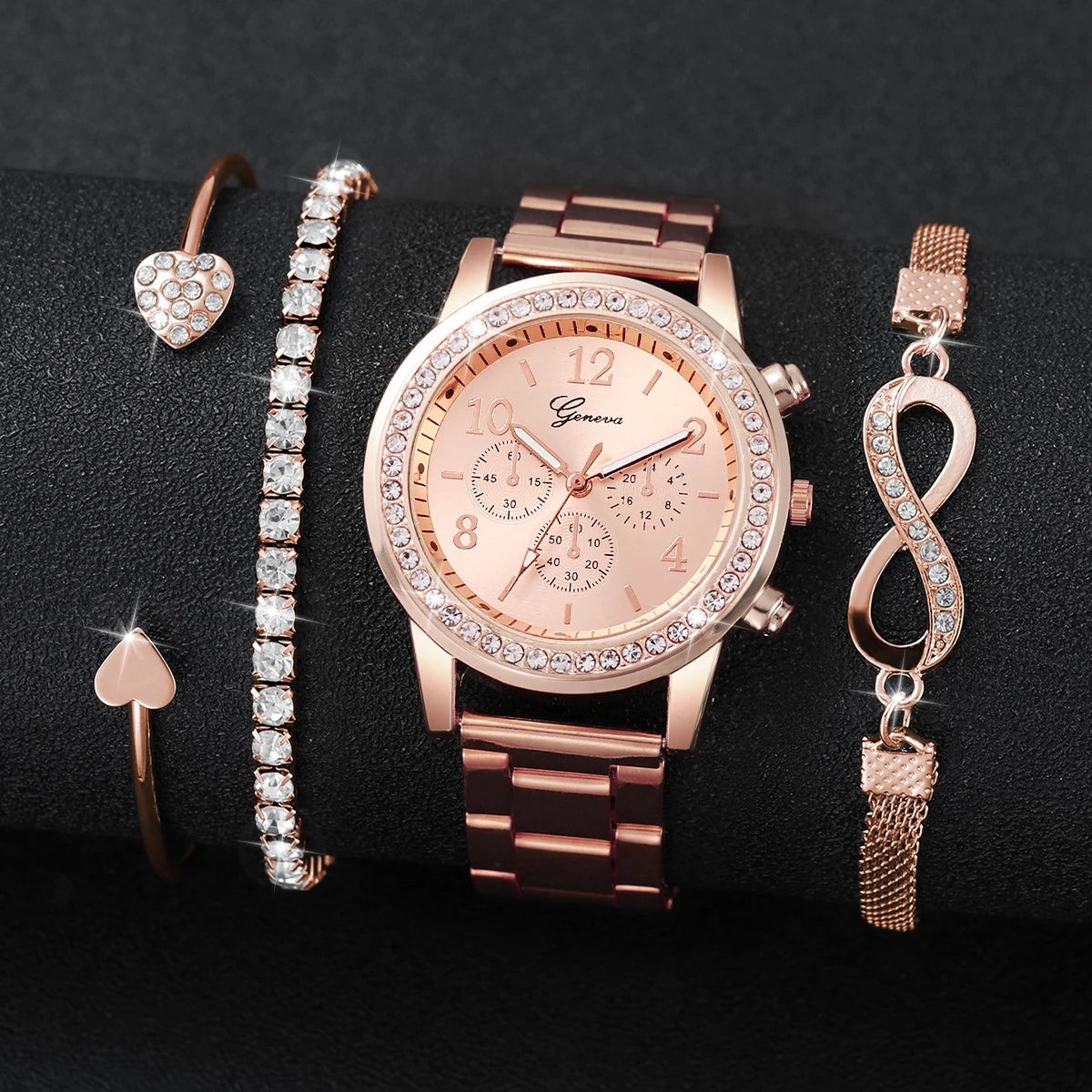 Fashion Rhinestone Women Luxury Watches Steel Band Ladies Quartz 4 pcs /set