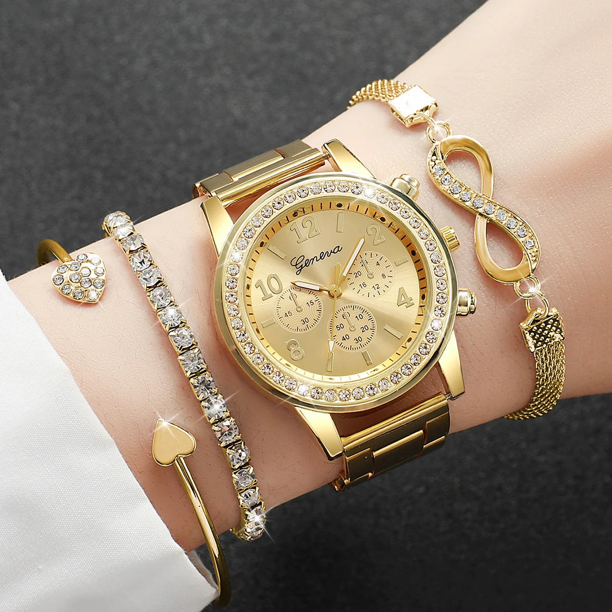 Fashion Rhinestone Women Luxury Watches Steel Band Ladies Quartz 4 pcs /set