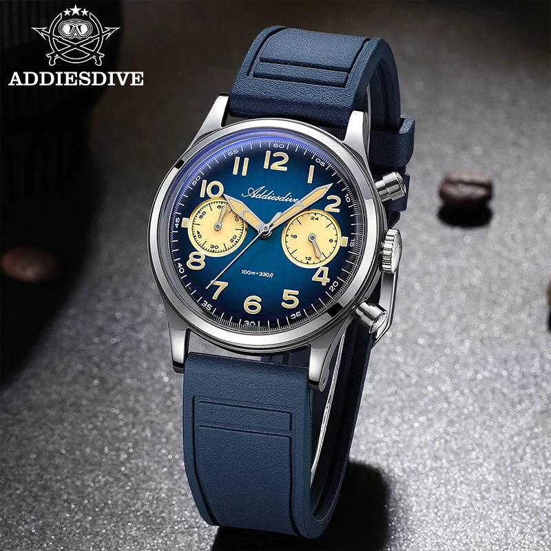 ADDIESDIVE Chronograph 38 mm Luminous Bubble Mirror 10Bar Waterproof Steel Watch for Men